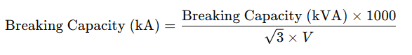formula breaking capacity of mccb in kA