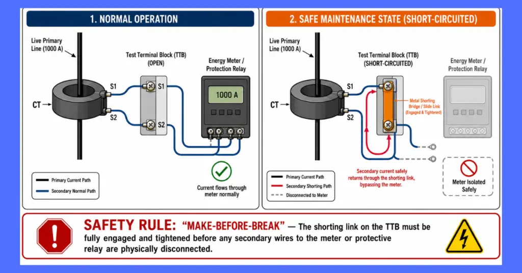 Technical diagram showing a current transformer secondary short-circuited using a terminal link on a test terminal block TTB for safe meter isolation