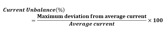 Current unbalance formula – maximum deviation from average current divided by average current, multiplied by 100