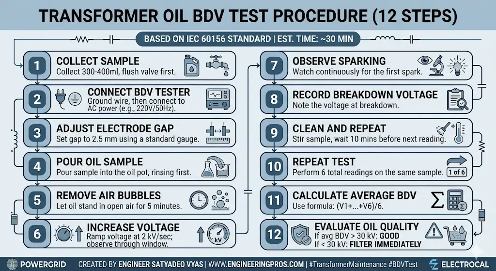 A flowchart of the 12 steps of transformer oil bdv test