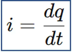 Mathematical equation for instantaneous current i equals dq over dt, representing rate of change of charge with respect to time