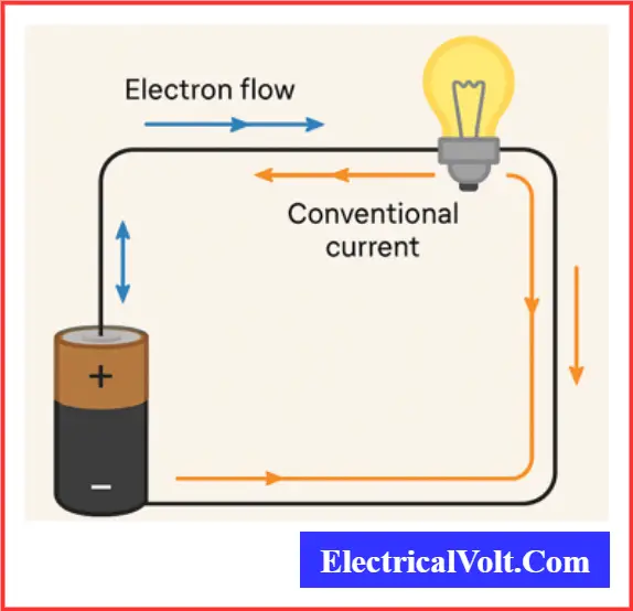 Diagram showing the difference between electric current direction and electron flow in a circuit, with a sbattery and lightbulb as components.