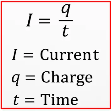Electric current formula showing I equals Q divided by t, where I is current, Q is charge, and t is time"