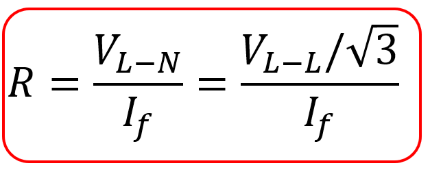 Formula to calculate Neutral Grounding Resistor (NGR) resistance: R equals line-to-neutral voltage divided by fault current (R = VL-N / If).