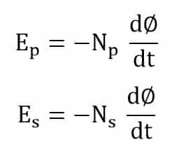 equation of induced voltage in the primary and secondary of transformer