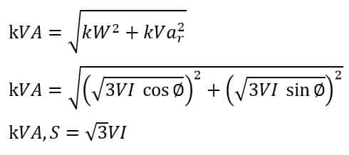formula for apparent power(S) in a three phase circuit