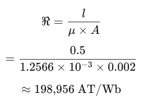 Magnetic reluctance calculation using formula ℜ = l / (μ × A) with example values and final result 198,956 AT/Wb