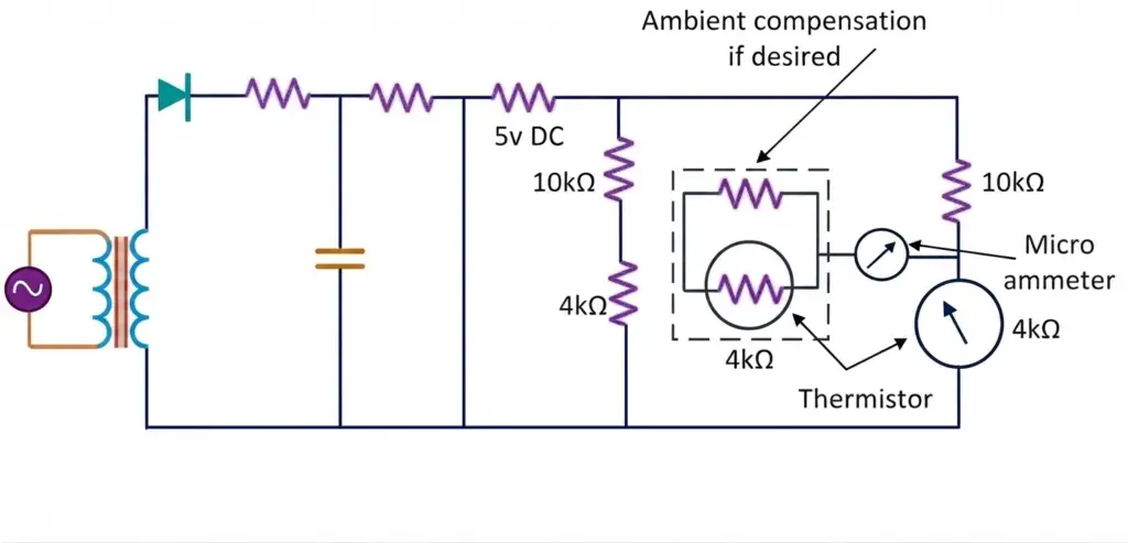 measurement of temperature using bridge circuit and thermistor