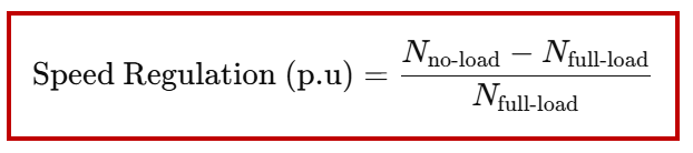 Speed Regulation per unit formula for DC motor showing Speed Regulation (p.u) equals No-load speed minus Full-load speed divided by Full-load speed.