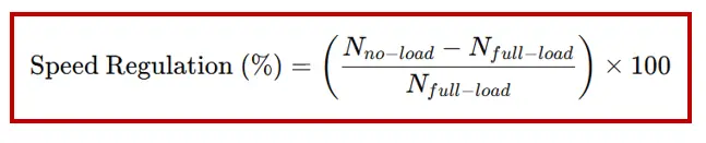 Speed Regulation percentage formula for DC motor showing Speed Regulation (%) equals No-load speed minus Full-load speed divided by Full-load speed, multiplied by 100.
