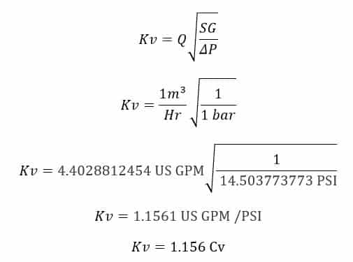 mathematical expression for conversion from Kv to Cv