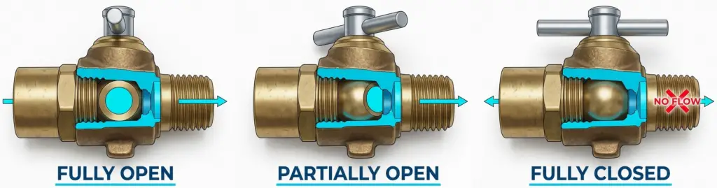On off valve diagram showing vale position- fully open, partially open anmd fully closed