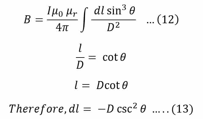 derivation of Magnetic field at Point P Due to Entire length of the Current Carrying Conductor