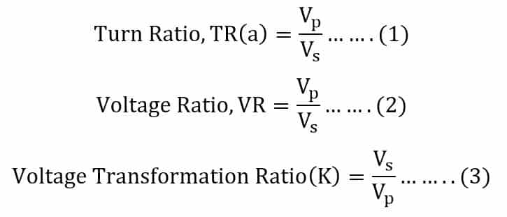 equations of  Turn Ratio, Voltage Ratio, and Voltage Transformation Ratio