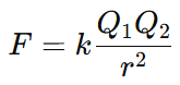 Coulomb’s Law equation showing that the electrostatic force equals k times the product of two charges divided by the square of the distance between them.
