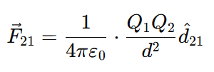 Diagram representing Coulomb’s Law in vector form, showing two point charges Q₁ and Q₂ separated by distance d, with the force 𝐹⃗₂₁ acting on Q₂ due to Q₁ along the unit vector d̂₂₁, indicating both magnitude and direction of the electrostatic force.