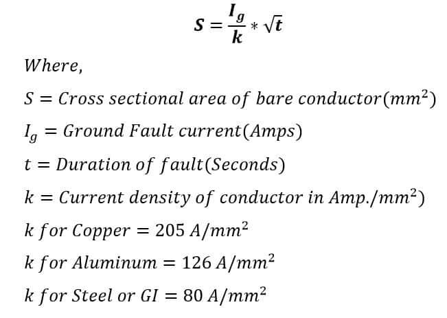 formula for sizing of grounding conductor