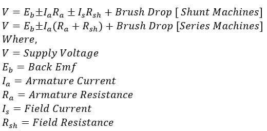 formula of supply voltage(V) of the DC shunt and series machines