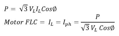 Full Load Current(FLC) Calculation formula for Star Connected Motor