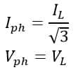 formula of phase voltage and phase current for delta connected load