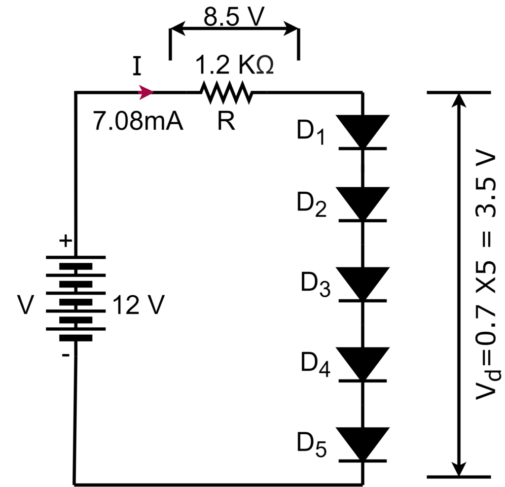 circuit diagram for  Reduction of DC Voltage using Diodes