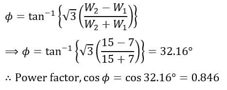 solved problem on power factor calculation by two wattmeter method