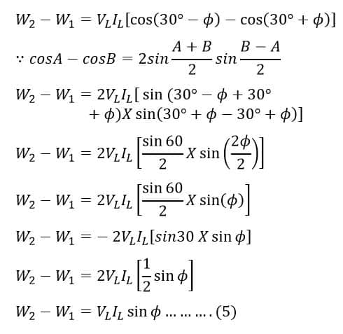 difference of power in 2 wattmeter method- derivation