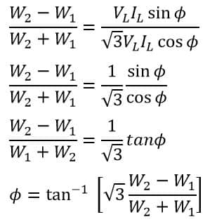 power factor formula derivation by two wattmeter method