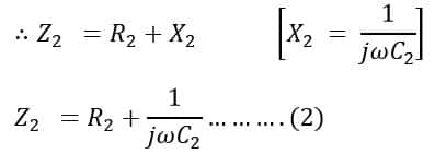 Impedance Z2 of arm AB in wien's bridge