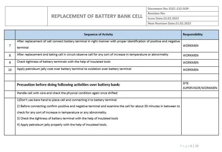 Example of SOP for Replacement of Battery Bank-page6