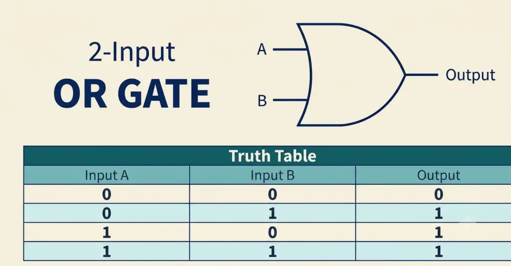 2-input OR gate symbol and its corresponding truth table showing inputs A, B and output.