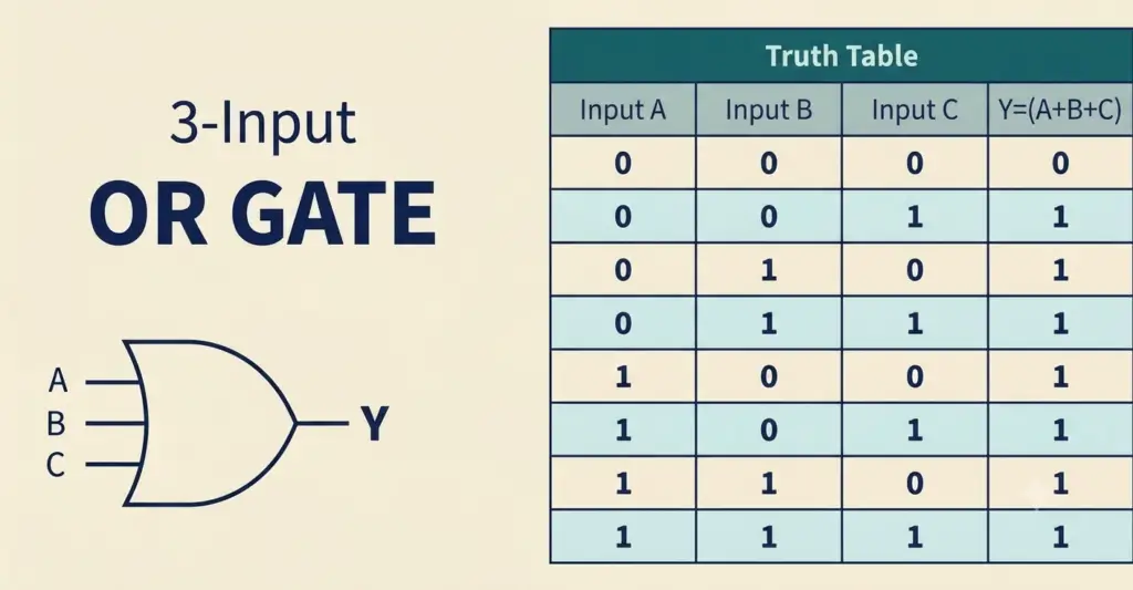 3-input OR gate symbol and its corresponding truth table, showing input combinations A, B, C and the output Y.