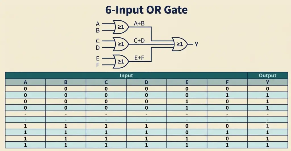 6-input OR gate logic circuit diagram using cascaded OR gates and its corresponding truth table, showing input combinations A through F and the final output Y.