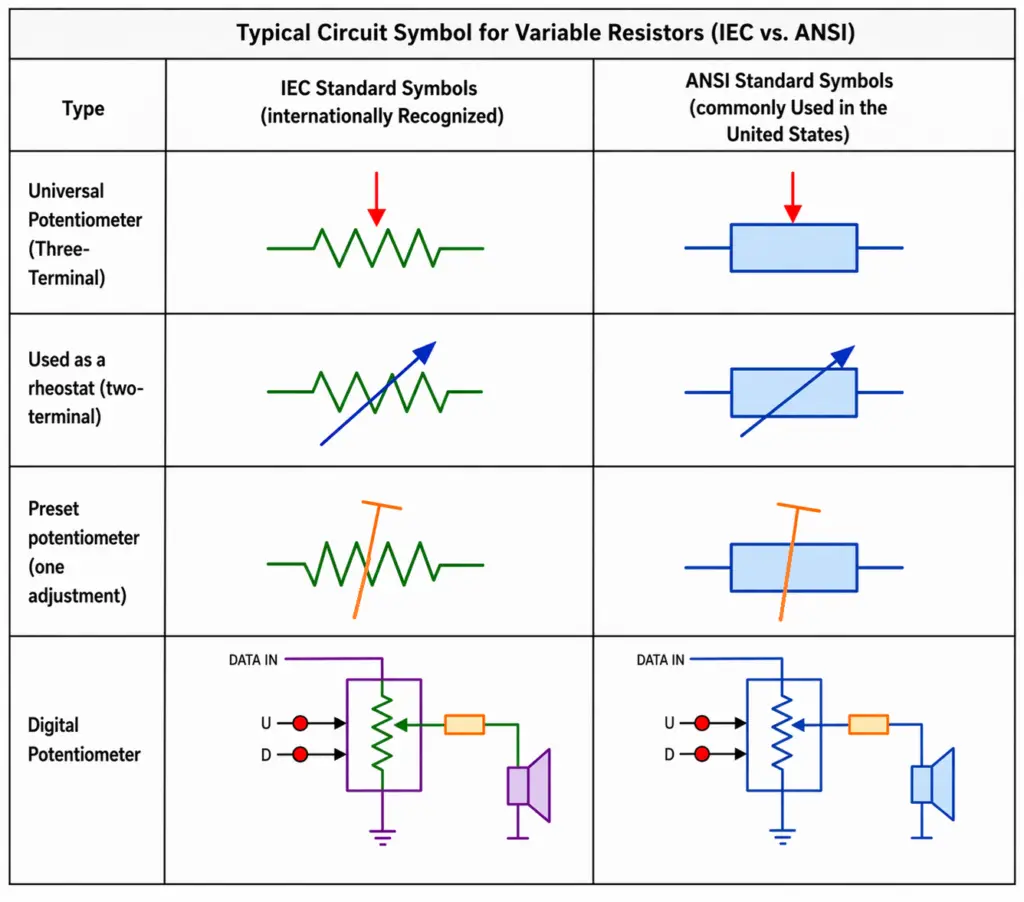 circcuit symbol for variable resistor (IEC vs ANSI)