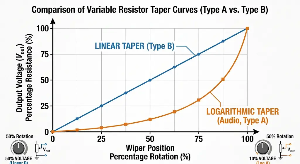 comparision of variable resistor taper curve ( Type A vs. Type B)