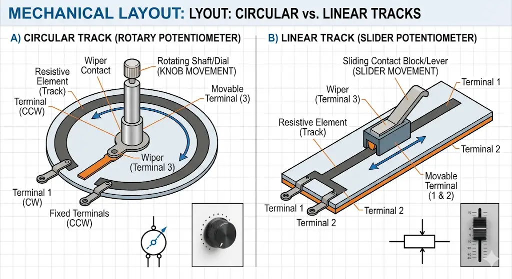 Diagram showing the internal mechanical layout of a rotary vs. a slider variable resistor, illustrating the track geometry and wiper movement.'