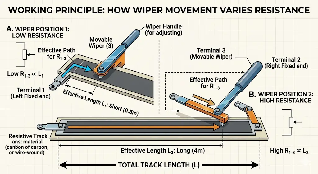 Diagram: How moving a wiper along a track changes its effective resistance..'