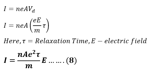 formula showing Relation between Current and Drift Velocity