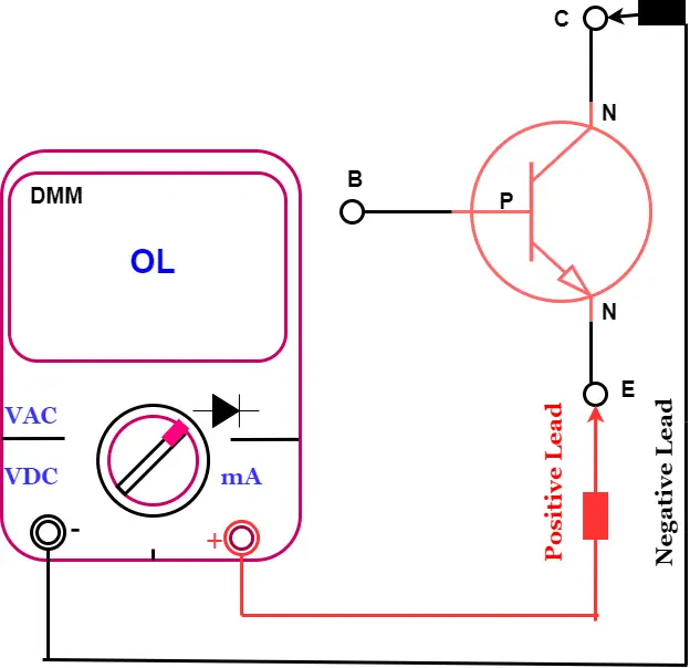 test set up  to test the emitter to collector of NPN  transistor