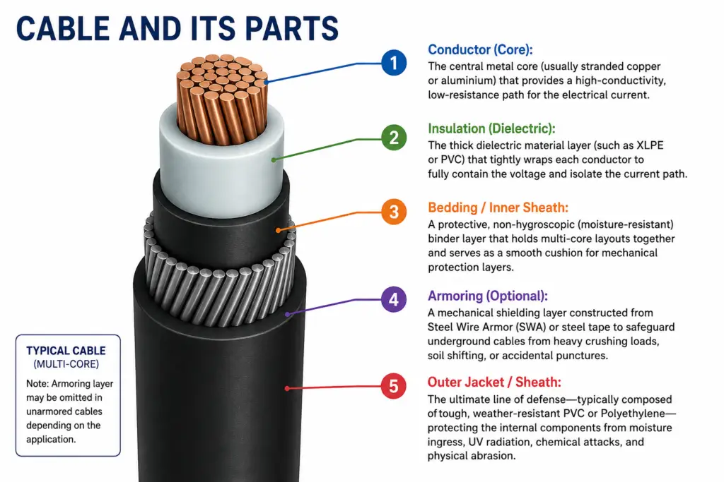 Cross-sectional diagram of a shielded power cable showing conductor, insulation, bedding, armoring, and outer sheath layers.