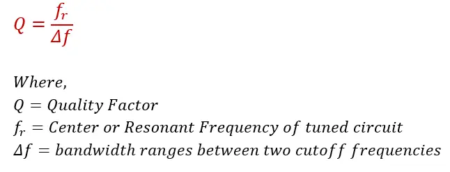 Q factor Formula in terms of bandwidth