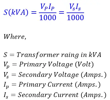 formula for Rating of Single-phase transformer in kVA