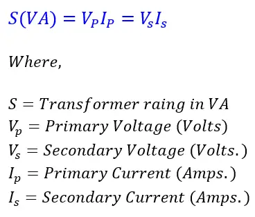 formula for Rating of Single-phase transformer in VA