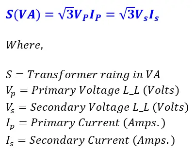 formula for Rating of Three-phase transformer in VA