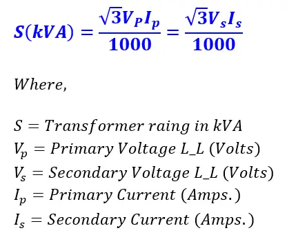 formula for ratings of 3-phase transformer n kVA