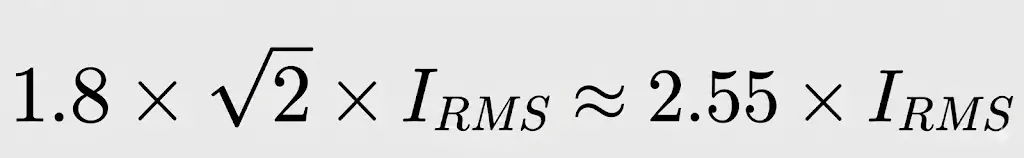 Mathematical formula showing how the multiplying factor 2.55 is derived by multiplying 1.8 by the square root of 2, used for calculating circuit breaker making capacity.