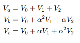 Mathematical representation of unbalanced three-phase voltages expressed using symmetrical components: positive, negative, and zero sequence components for phases A, B, and C.
