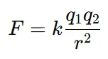 Formula of Coulombic force showing F = k × (q₁ × q₂) / r², where the force depends on the product of the charges and is inversely proportional to the square of the distance between them.