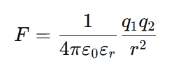 Modified Coulomb’s Law showing electrostatic force F between two charges q1 and q2 in a medium with relative permittivity εr, expressed as F = 1 / (4πε0εr) × (q1q2 / r²).