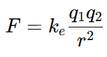 athematical expression of Coulomb’s Law showing the electrostatic force F between two charges q1 and q2 separated by distance r, with constant ke.